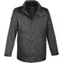 A dark green men's parka featuring a zip front, multiple pockets, and a collar, with a logo on the sleeve.