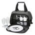 A grey picnic bag contains cutlery, plates, glasses, and salt and pepper shakers, neatly organized inside.