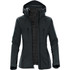 A women's jacket in dark green with a hood and zippered pockets, featuring a logo on the sleeve.