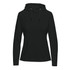 A women's pullover hoody in dark green, featuring a front pocket and drawstring hood. It has a logo on the front.
