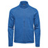 A blue men's performance jacket with a zip front and stand-up collar, featuring side pockets and branding.