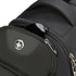 A black backpack with a zippered pocket holding a pair of sunglasses, featuring a logo.