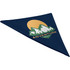 A navy bandana featuring a mountain design and sunrise, with a logo printed on one side.