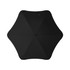 A black sport umbrella with a unique octagonal design and a central closure mechanism. It features a logo.