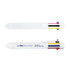 A white pen featuring multiple coloured grips and a logo. It has a retractable tip and a clip for attachment.