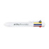 A white pen with a logo, featuring multiple coloured ink options in red, blue, yellow, and black.