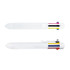 A white pen featuring multiple ink colours, with a clip and colour accents on the barrel. Logos are present.