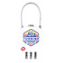 A white TSA lock with a cable and a colourful logo featuring a truck and text.