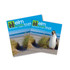 Two square cleaning cloths featuring a coastal scene with grass and a penguin, predominantly in blue and green tones.