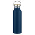 A drink bottle in navy blue with a stainless steel lid and a wooden accent. It features a logo on its surface.