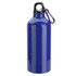 A drink bottle in a vibrant blue colour with a black lid and a carabiner clip attached.
