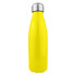 A drink bottle in vibrant yellow stainless steel with a silver screw-on lid and a sleek, single wall design.