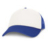 A trucker cap with a white front and blue brim and mesh sides.
