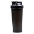 A drink bottle in black, featuring a secure lid and a built-in mixer, ideal for protein shakes.