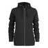 A black zip-up hoodie with a drawstring hood and side pockets, featuring a logo.