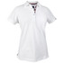 A white women's cotton polo shirt with a collar and a branded logo. Features a stylish striped inner placket.