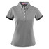 A grey women's cotton polo shirt featuring a button-up collar and contrasting sleeves, with a logo on the design.