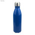 A drink bottle in royal blue with a shiny aluminium finish and a silver cap, featuring a logo.