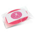 A pink silicone wristband packaged in a transparent bag, featuring a logo and informative label.