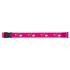 A pink luggage strap featuring a playful design with the words "Just lo me!" and a black buckle.