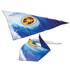 A triangle bandana featuring a vibrant design with a wave and a circular logo, showcasing a gradient of blue tones.