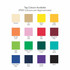 A colour chart featuring various shades, including natural, tan, yellow, gold, orange, red, burgundy, and more.