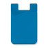 A blue silicone phone wallet with a subtle wave design and a slot at the top. It features a logo.