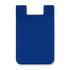 A blue silicone phone wallet with a curved design and a slot at the top, featuring a logo.