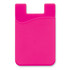 A pink silicone phone wallet with a textured design and a cut-out section at the top, featuring a logo.