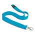 A blue cotton lanyard with a clip and adjustable section, featuring a logo.