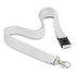 A white lanyard featuring a metal clip and a plastic buckle, designed for holding items securely.