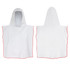 A hooded towel in white with red trim, featuring a large hood and a simple, unembellished design.