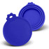A set of blue silicone reusable can lids, featuring a rounded design and a small handle for easy removal.
