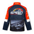 A softshell jacket featuring red and navy colours with a logo and a graphic design on the back.