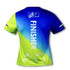 A women's sports t-shirt featuring a blue and green gradient design, with a logo and text on the back.