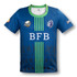 A blue men's rugby T-shirt featuring green accents and a logo, designed for sports uniforms.