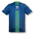A blue rugby T-shirt featuring green accents and a patterned design, with a logo on the back.