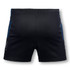 Black women's rugby shorts featuring blue stripes and a logo on the side, designed for sports activities.