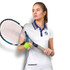 A woman in a white tennis top with blue and multicoloured stripes, holding a tennis racquet and ball. The top has a logo.