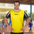A yellow custom training bib with black accents and a logo, worn by a smiling male model.