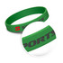 A green silicone wristband with black debossed lettering and a small logo on it.