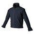 A black women's softshell jacket featuring a high collar and zippered pockets, with an attached logo.
