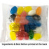 A clear bag containing assorted mini jelly beans in various colours, including blue, yellow, black, and orange.