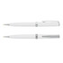A set of two white metal pens with chrome accents and clips, featuring a sleek and elegant design.