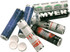 A collection of branded mint rolls featuring various colours and designs, with several white caps beside them.
