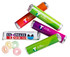 A selection of colourful mixed lollies wrapped in vibrant packaging, featuring one logo. Four lollies are visible in various shades.