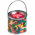A medium PVC bucket filled with colourful jelly beans, featuring a metal handle and a branded lid.
