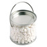 A medium clear PVC bucket filled with white chewy mints, featuring a silver lid and handle.