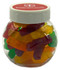 A plastic jar filled with colourful jelly babies in various shapes and shades, topped with a white lid.