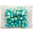 A clear bag filled with blue and white striped humbugs, each piece showcasing a vibrant swirl of colours.